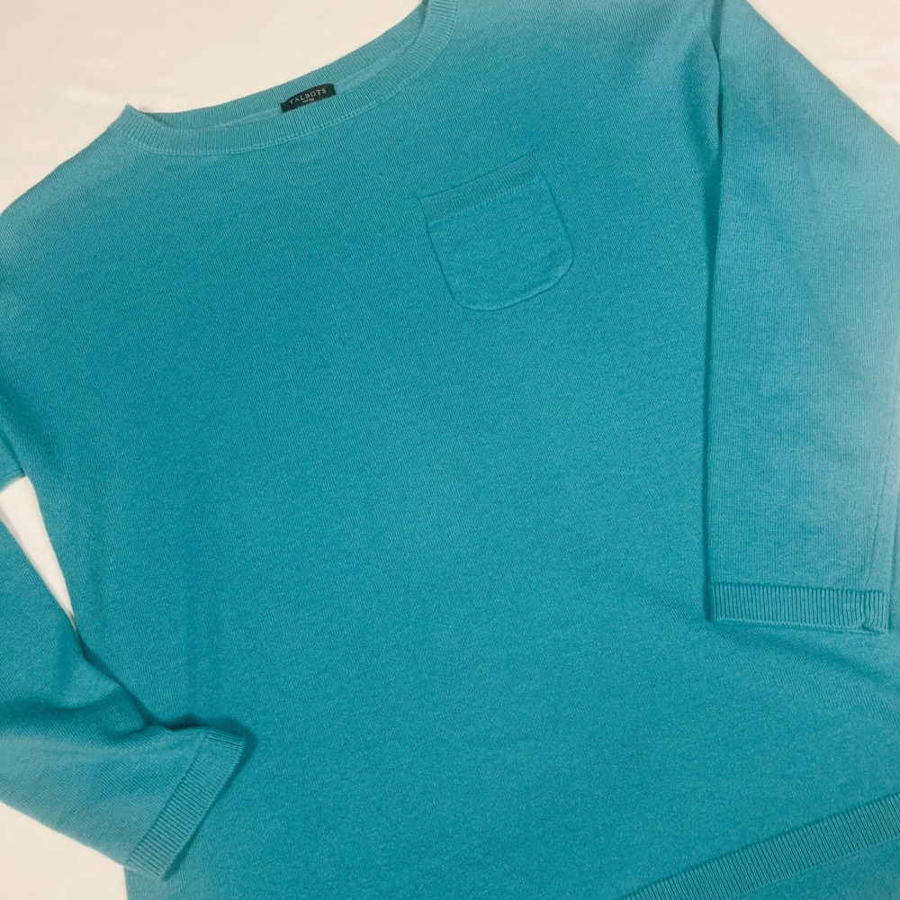 Talbots Turquoise Teal Lambswool Blend Pocket Sweater Large‎ Petite